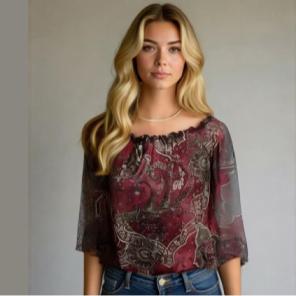 Laura Red Paisley Long Sleeve Stretch Blouse size large